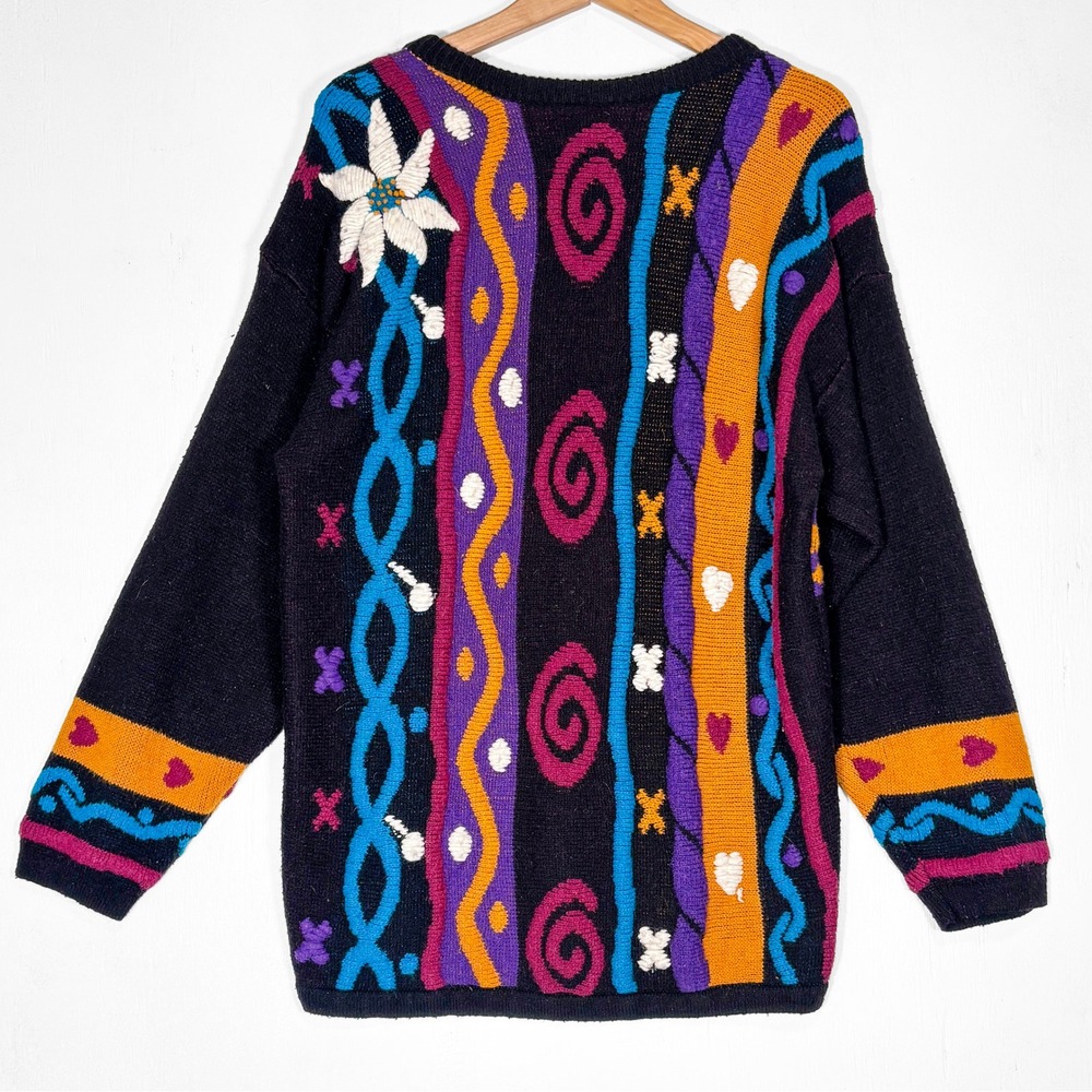 VTG 80s Imari Abstract Knit Embroidered Floral Long Sweater Womens M Black Tunic